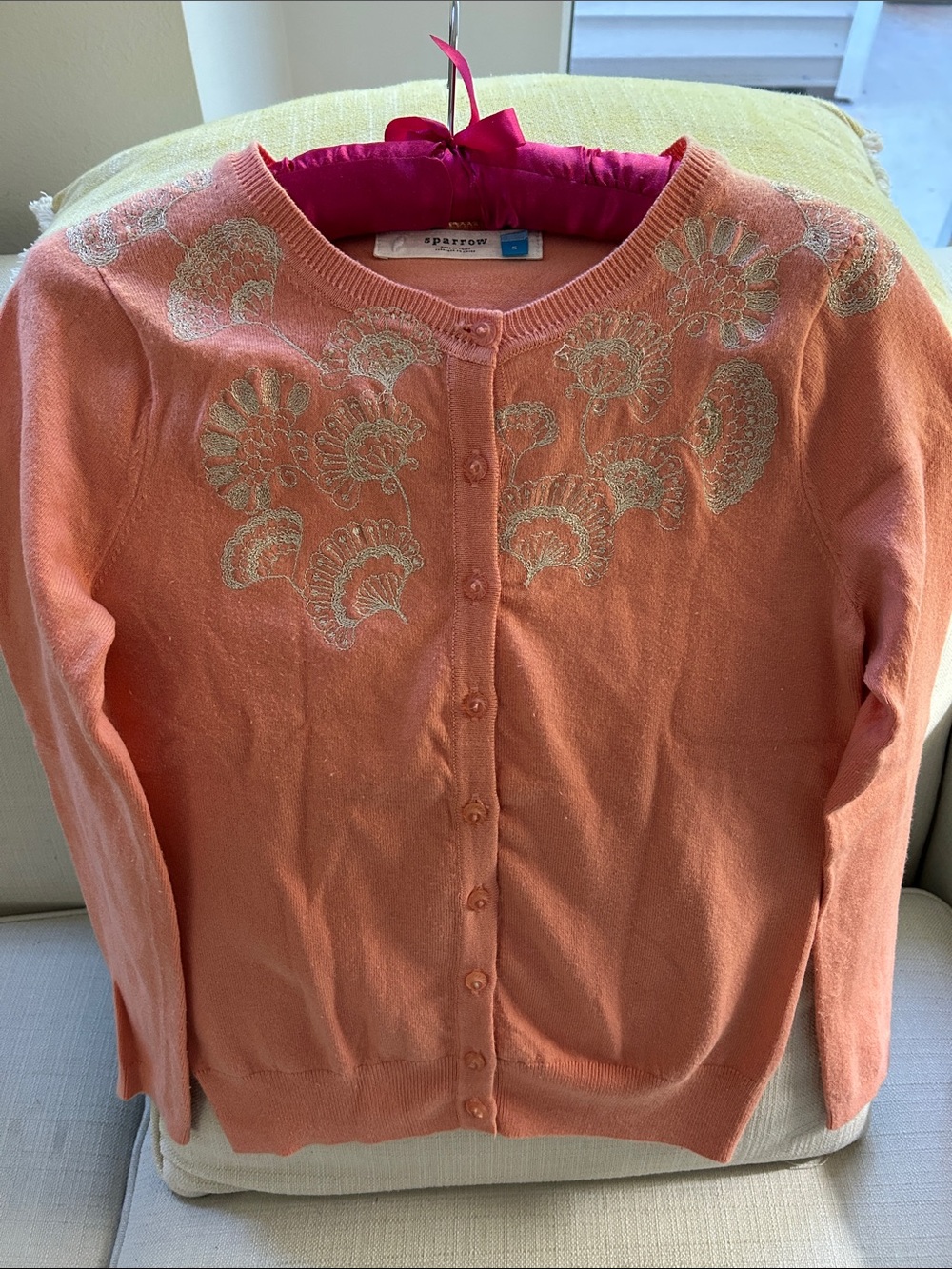 Anthropologie Sparrow Coral Cardigan with Cream Floral Embroidery